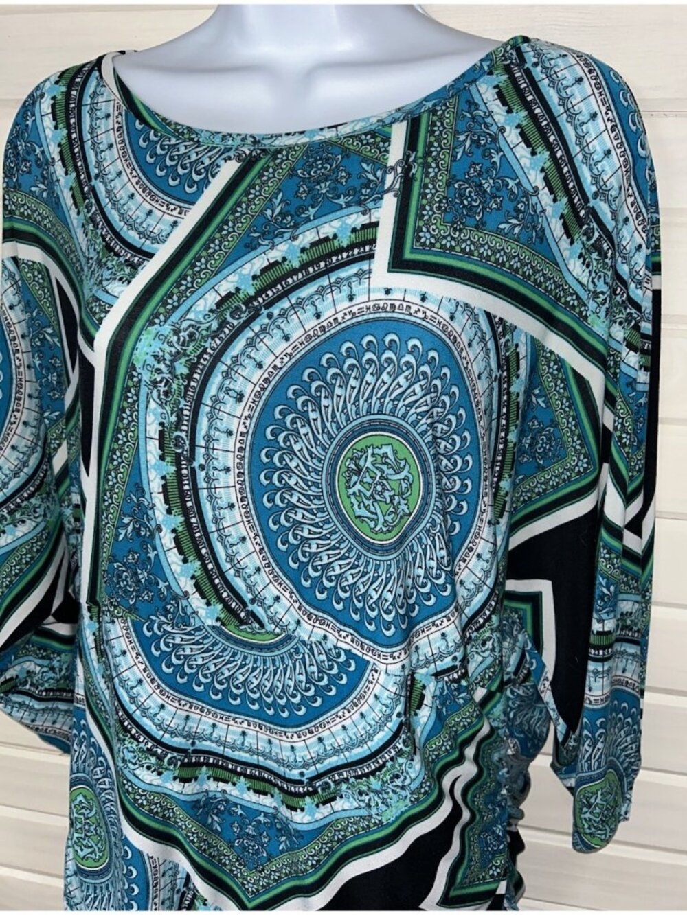 Peter Nygard Sz XL Abstract Geo Print Tunic Shirt Stretch Teal Green Black EUC